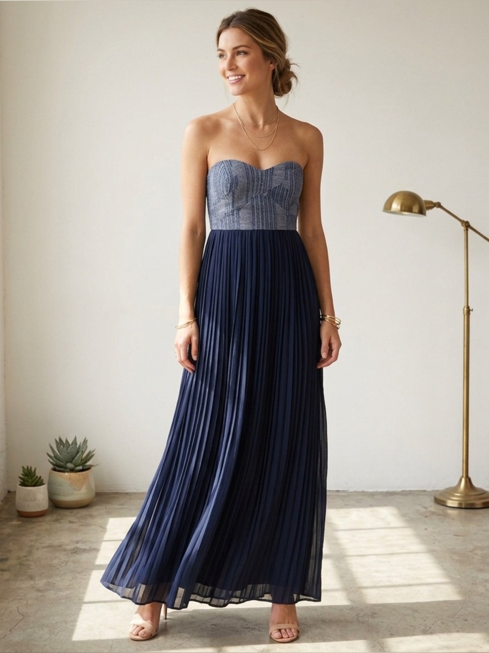 Sabine Blue Strapless Pleated Maxi Dress Size Small